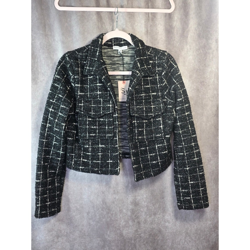 Sincerely Jules Womens M‎ Black White Plaid Cropped Tweed Jacket Lurex GAETC265